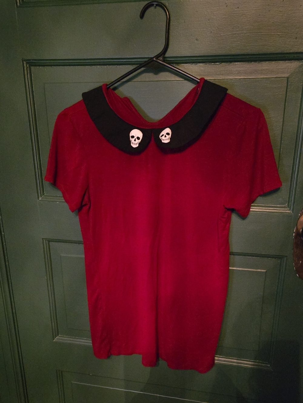 Red Top with Black Peter Pan Collar and Skull Buttons - Picture 1 of 2